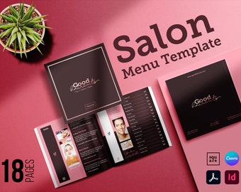 Salon Menu Template: Quadratische Broschüre im Roségoldenen Design (Canva + InDesign)