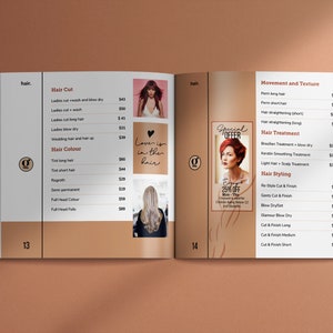 May include: A salon price list with a special offer for 25% off haircuts for clients aging below 12 and students. The price list includes services such as hair cuts, hair color, hair treatment, hair styling, and movement and texture.