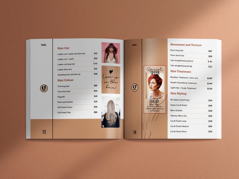 May include: A salon price list with a special offer for 25% off haircuts for clients aging below 12 and students. The price list includes services such as hair cuts, hair color, hair treatment, hair styling, and movement and texture.