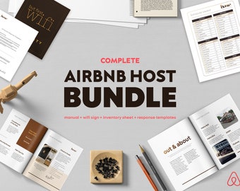 Airbnb Host Bundle | Airbnb Welcome Book Template | 12 Message Response Templates | WIFI Password Sign - MS Word + PDF
