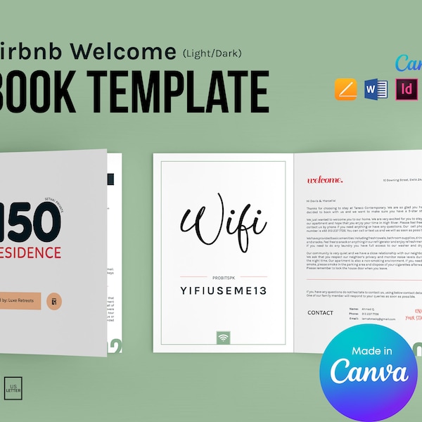 Airbnb Welcome Book Template | Vacation Rental Guidebook Template | House Manual Template | 12 Pages (Canva + InDesign + Word + Pages + PDF)