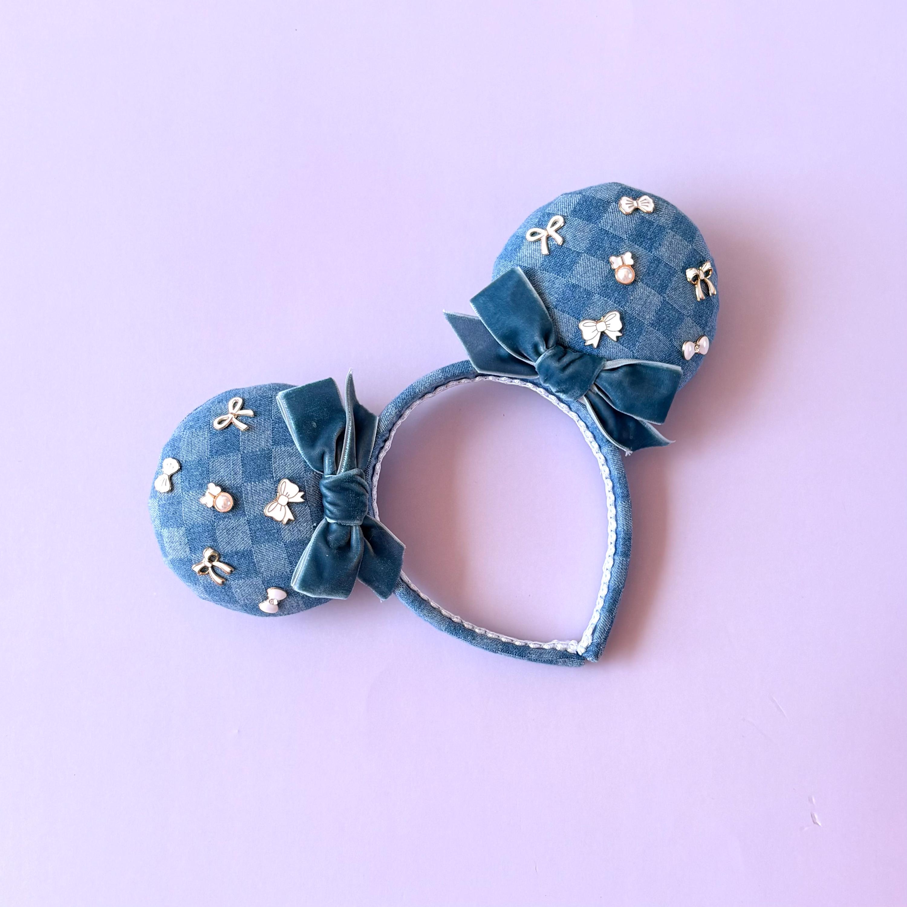 NWOT Handmade White Lace Ears and Blue Denim Bow Minnie Mouse Ears Headband Minnie Mouse Denim Ears Headband - Etsy main image 2