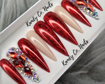 Red Valentine Press On Nails | Handmade Press on Nails | Stiletto Press On Nails | Luxury Press On Nails | Acrylic Press on Nails | Kandy Co