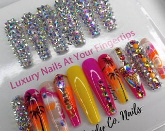 Sunset Theme Press On Nails -Kandy Co Nails - Summer Nails - Spring Nails - XL Coffin Nails - Long Nails - Colorful Nails | Bling Nails