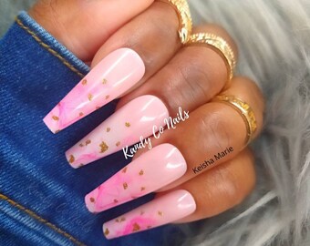 Pink Valentine Day Nails | Summer Press On Nails | Gold Marble Press On Nails | Birthday Nails | Candy Press On Nails | Bling Nails