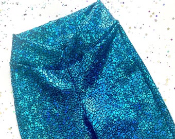 Holographic Sparkly Blue Turquoise Disco Flares / Leggings / Jazz Pants / Dancewear / Festivalwear / Partywear / Childrenswear / Bellbottoms