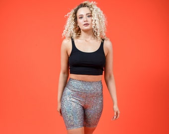 Silver Holographic High Waisted Cycling Shorts / Bike Shorts