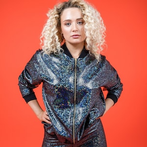 Women&#39;s Holographic Black Disco Bomber Jacket