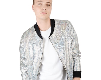 Herren Silber Holographische Disco Bomberjacke