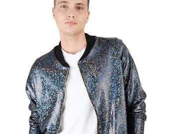 Men's Black Holographic Disco Bomber Jacket