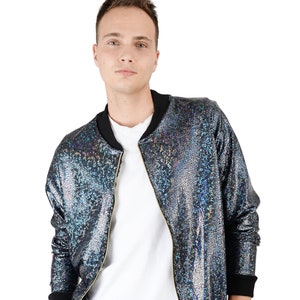 Men s Black Holographic Disco Bomber Jacket Etsy