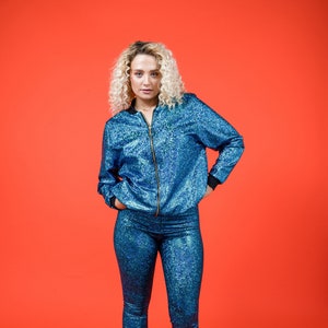 Women's Turquoise Holographic Disco Bomber Jacket image 1