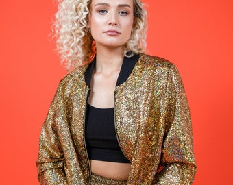 Women's Gold Holographic Disco Bomber Jacket