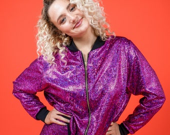Damen Pink Holographische Disco Bomberjacke