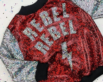 Kids Holographic Red / Silver "REBEL REBEL" Bomber Jacket with Lightning Bolt | D I S C O B A B Y