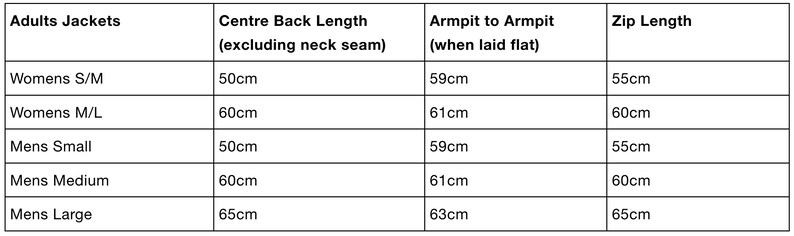 May include: A table showing the measurements for different sizes of jackets. The table includes the center back length, armpit to armpit measurement, and zip length. Measurements are in centimeters.