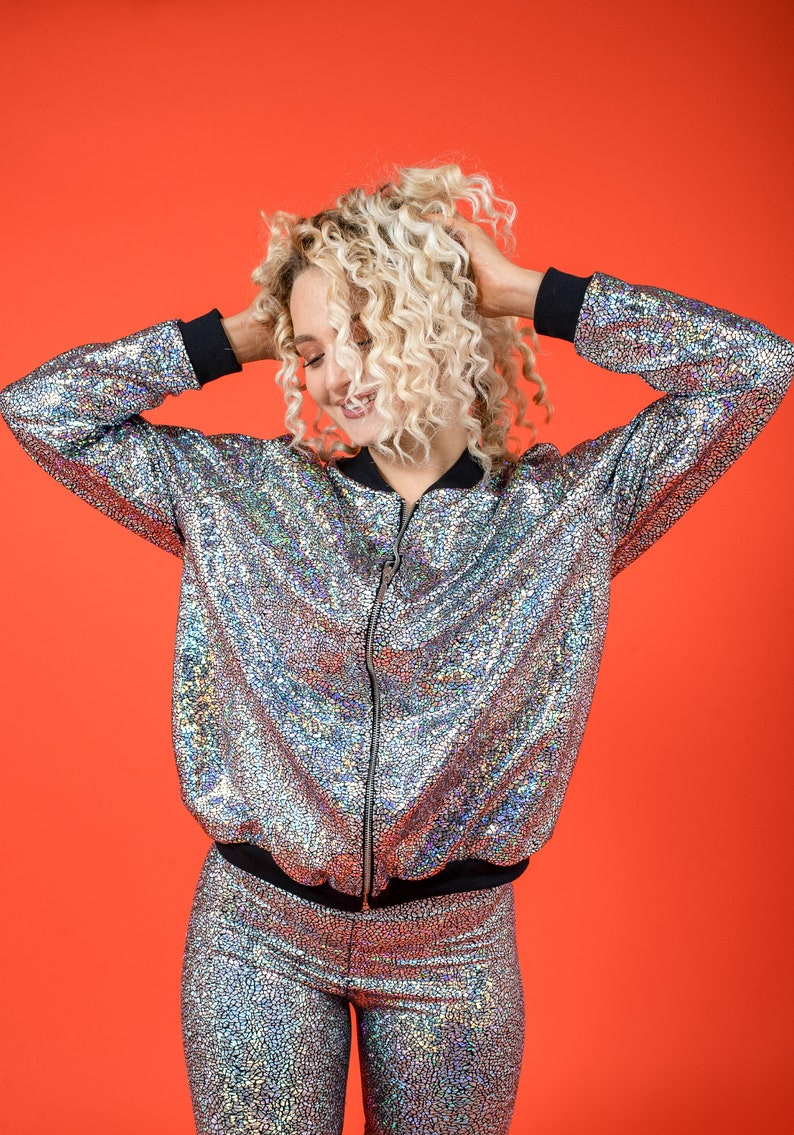 Women's Silver Holographic Disco Bomber Jacket image 2