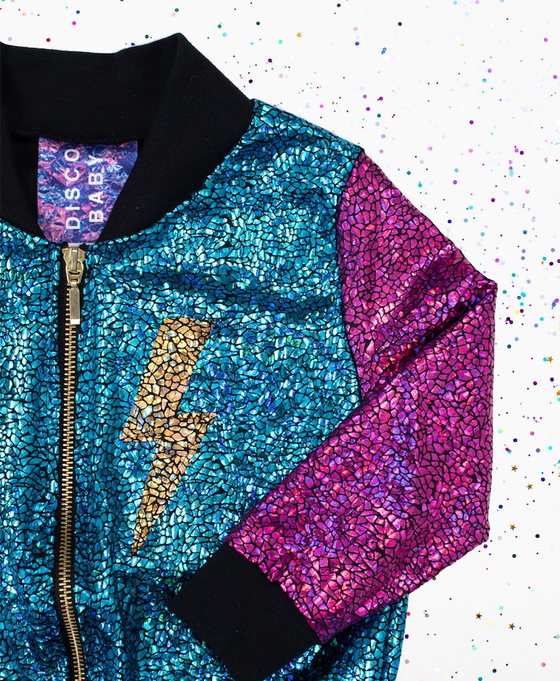 Kids Holographic Gold / Purple / Turquoise Lightning Bolt Bomber Jacket D I S C O B A B Y image 2