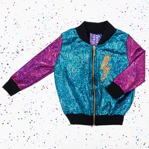 Kids Holographic Gold / Purple / Turquoise Lightning Bolt Bomber Jacket D I S C O B A B Y image 1