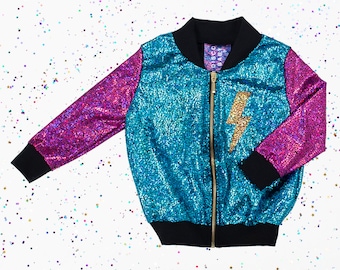 Blouson aviateur Lightning Bolt holographique or / violet / turquoise pour enfants | D I S C O B A B A B Y