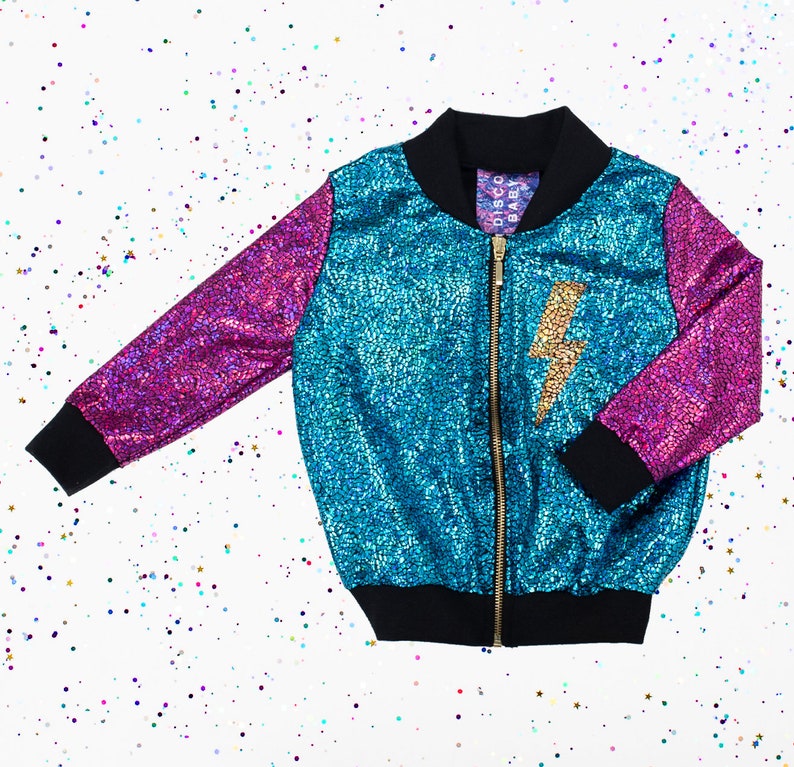 Kids Holographic Gold / Purple / Turquoise Lightning Bolt Bomber Jacket D I S C O B A B Y image 1