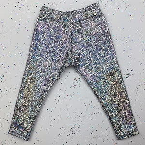 Kids / Childrens Holographic Silver Sparkly Leggings D I S C O B A B Y image 3