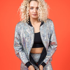 Women&#39;s Silver Holographic Disco Bomber Jacket