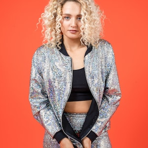 Women's Silver Holographic Disco Bomber Jacket image 1