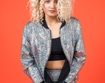 Women's Silver Holographic Disco Bomber Jacket