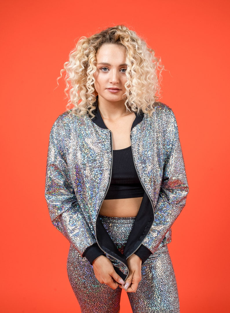 Women's Silver Holographic Disco Bomber Jacket image 1
