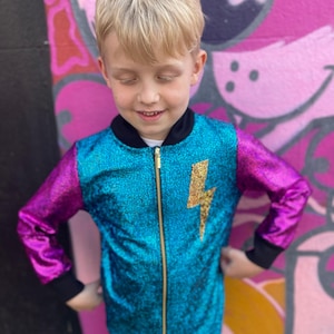 Kids Holographic Disco Lightning Bomber Jacket - Gold, Purple + Turquoise | Sparkle Festival + Party Jacket