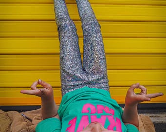 Leggings plateados holográficos para niños / Leggings brillantes para festivales y discotecas para niños