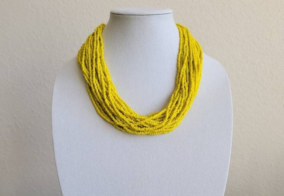 Yellow Handmade Seed Bead Necklace Boho Necklace for Women Multi Strand