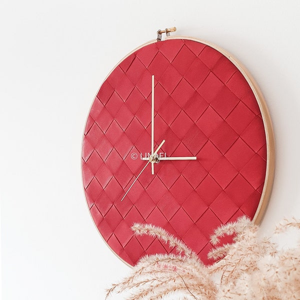 12.6in/32cm - Handwoven Leather wall clock - Coral Red L size - Minimalist. Scandinavian design. Unique gift. Luxury decor. Bold decor.
