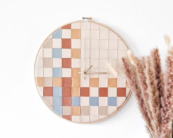 Woven Leather wall clock. 12.6in/32cm. Wall decor. Ivory. Pearly blue. Terracotta. Mustard. Scandinavian design. Unique. Personalizable gift