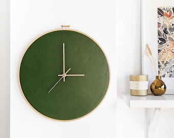 Leather wall clock. 12.6in/32cm. Olive green. Minimalist decor. Scandinavian design. Home decor gift. Unique Livingroom decor. Personalized.