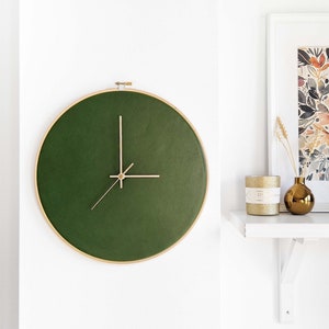 Leather wall clock. 12.6in/32cm. Olive green. Minimalist decor. Scandinavian design. Home decor gift. Unique Livingroom decor. Personalized.