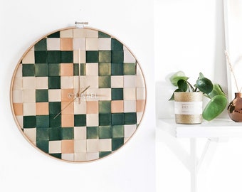 12.6in/32cm - Woven Leather wall clock - Ivory. Pearly cream & green. Mustard. Moss green - L size - Unique Personalizable gift. Sustainable