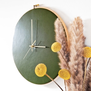 Leather wall clock. 12.6in/32cm. Olive green. Minimalist decor. Scandinavian design. Home decor gift. Unique Livingroom decor. Personalized. image 2