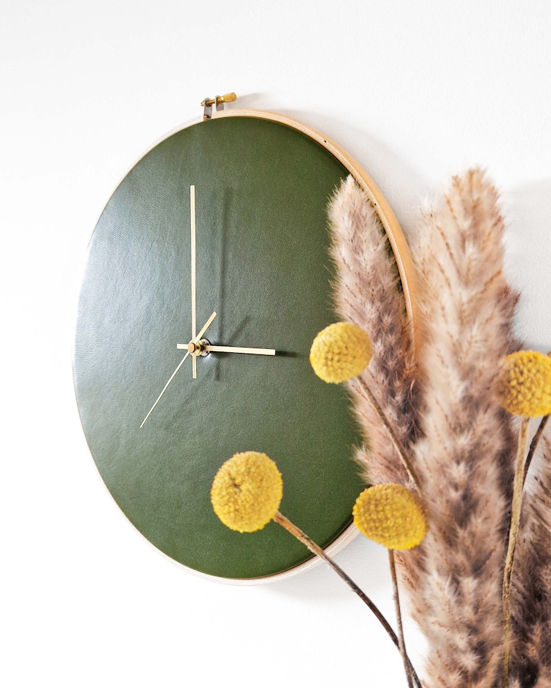 Leather wall clock. 12.6in/32cm. Olive green. Minimalist decor. Scandinavian design. Home decor gift. Unique Livingroom decor. Personalized. image 2