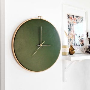 Leather wall clock. 12.6in/32cm. Olive green. Minimalist decor. Scandinavian design. Home decor gift. Unique Livingroom decor. Personalized. image 5