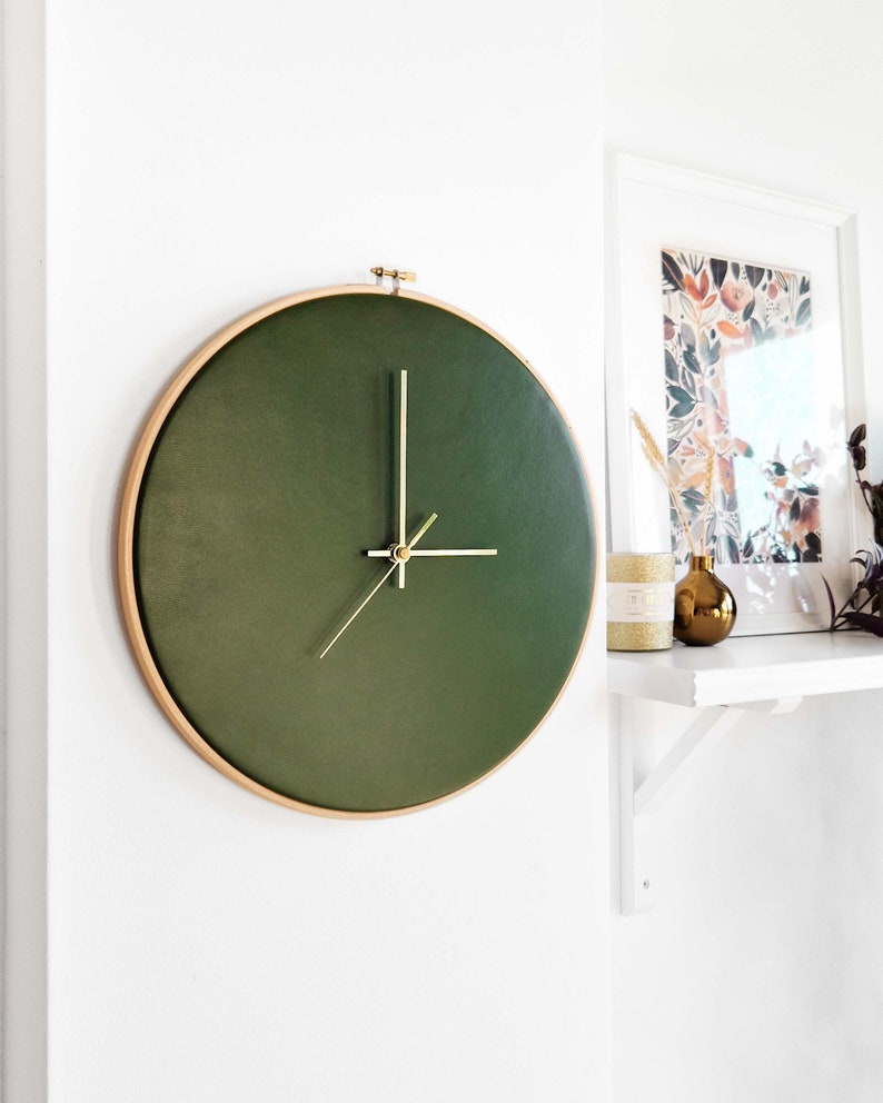 Leather wall clock. 12.6in/32cm. Olive green. Minimalist decor. Scandinavian design. Home decor gift. Unique Livingroom decor. Personalized. image 5