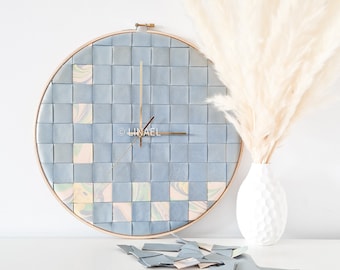 Woven Leather wall clock. 12.6in/32cm. Home decor. Pearly Blue. Marbled. Minimalist design. Handmade leather. Unique. Personalizable gift.