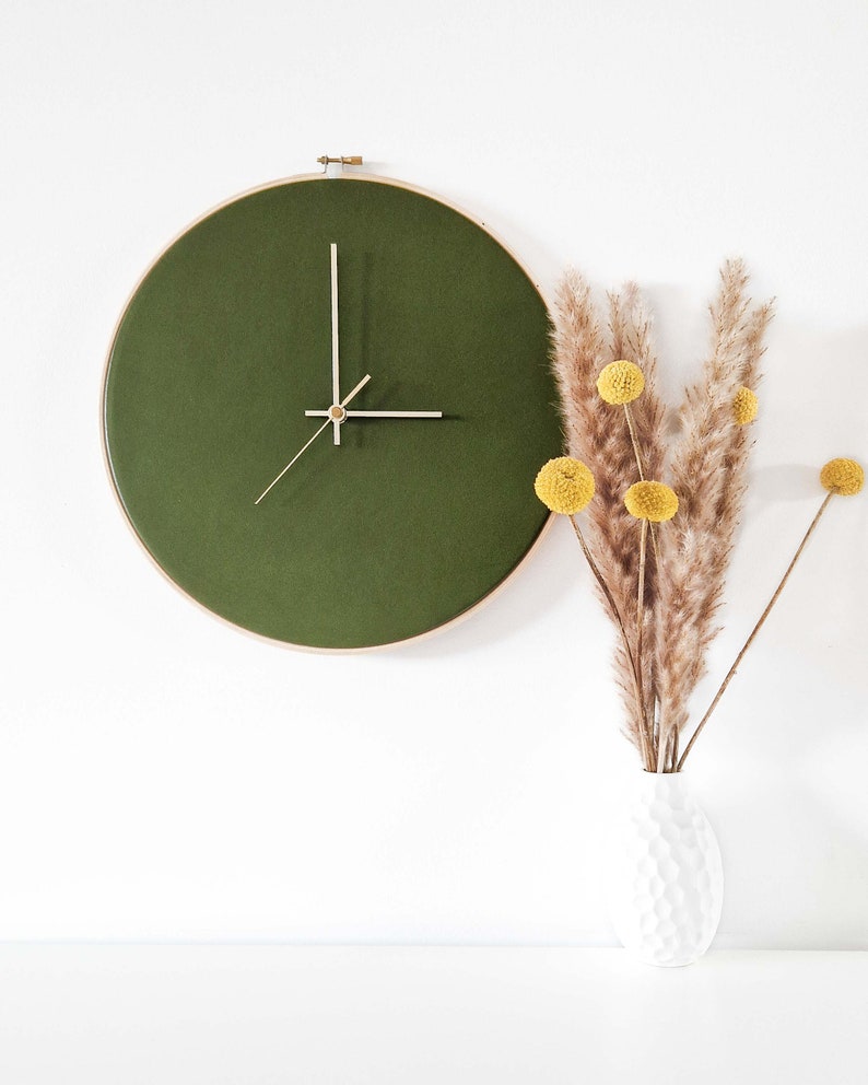 Leather wall clock. 12.6in/32cm. Olive green. Minimalist decor. Scandinavian design. Home decor gift. Unique Livingroom decor. Personalized. image 4