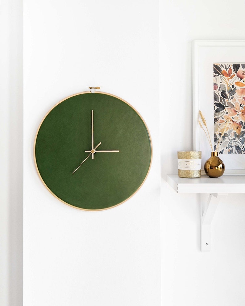 Leather wall clock. 12.6in/32cm. Olive green. Minimalist decor. Scandinavian design. Home decor gift. Unique Livingroom decor. Personalized. image 1
