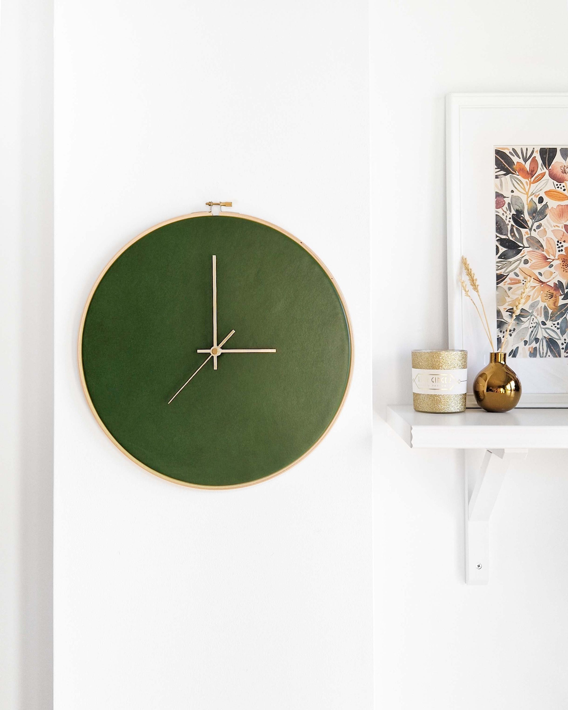 Leather wall clock. 12.6in/32cm. Olive green. Minimalist decor. Scandinavian design. Home decor gift. Unique Livingroom decor. Personalized.