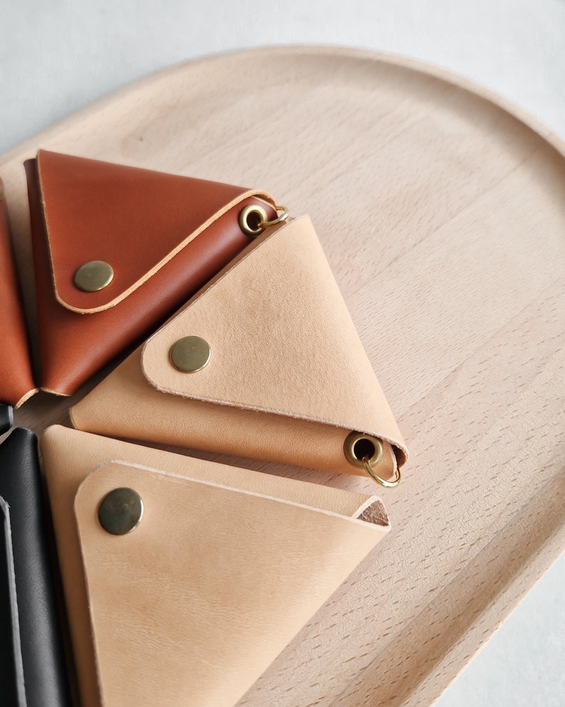 Triangle snap coin pouches small coin holder. Leather storage. Origami coin wallet. Vegetable tanned. Snap wallet. Minimalist design image 2