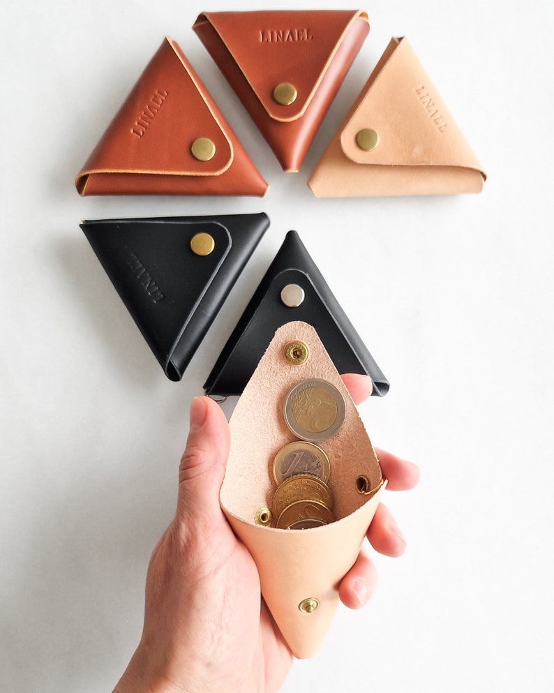 Triangle snap coin pouches small coin holder. Leather storage. Origami coin wallet. Vegetable tanned. Snap wallet. Minimalist design image 3