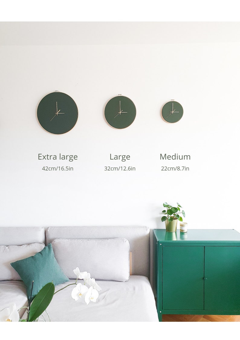 Leather wall clock. 12.6in/32cm. Olive green. Minimalist decor. Scandinavian design. Home decor gift. Unique Livingroom decor. Personalized. image 9