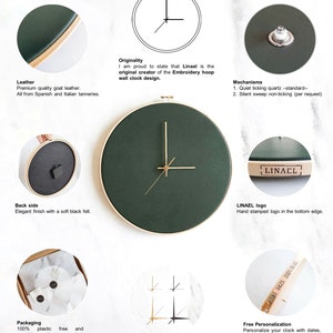 Leather wall clock. 12.6in/32cm. Olive green. Minimalist decor. Scandinavian design. Home decor gift. Unique Livingroom decor. Personalized. image 3